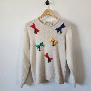 Womens 80s Palm Springs Yacht Club Bow Tie Sweater Medium Silk Angora Blend